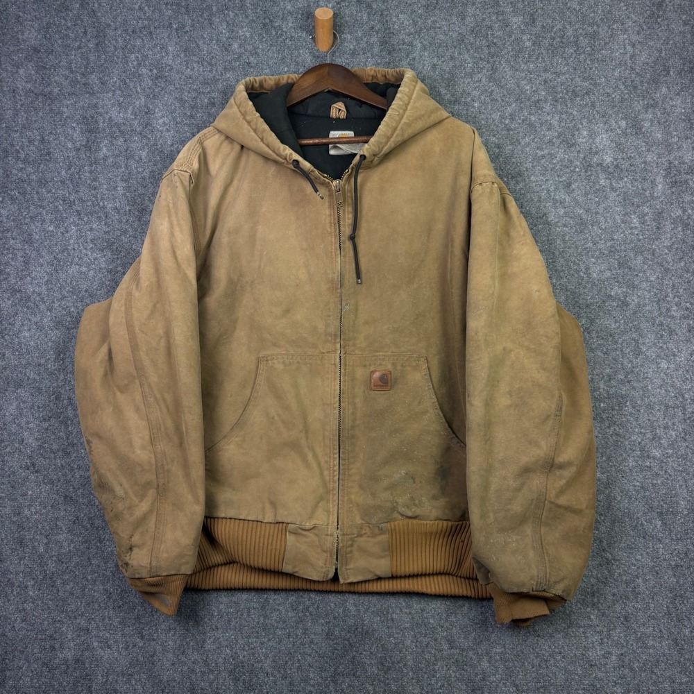 Carhartt J130 Jacket Mens 2XL Brown Distressed Duck Canvas Quilted Hooded